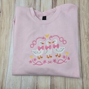 Cottagecore Ducks Embroidered Pink Sweater Size M